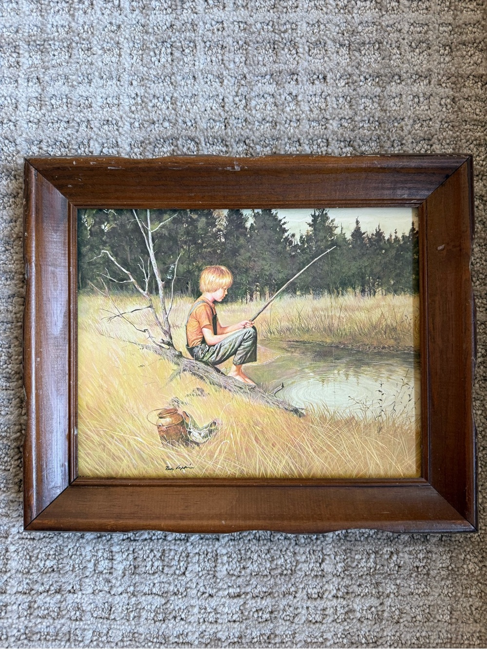 Vintage Rustic Boy Fishing Framed Wall Art Cabin Decor
